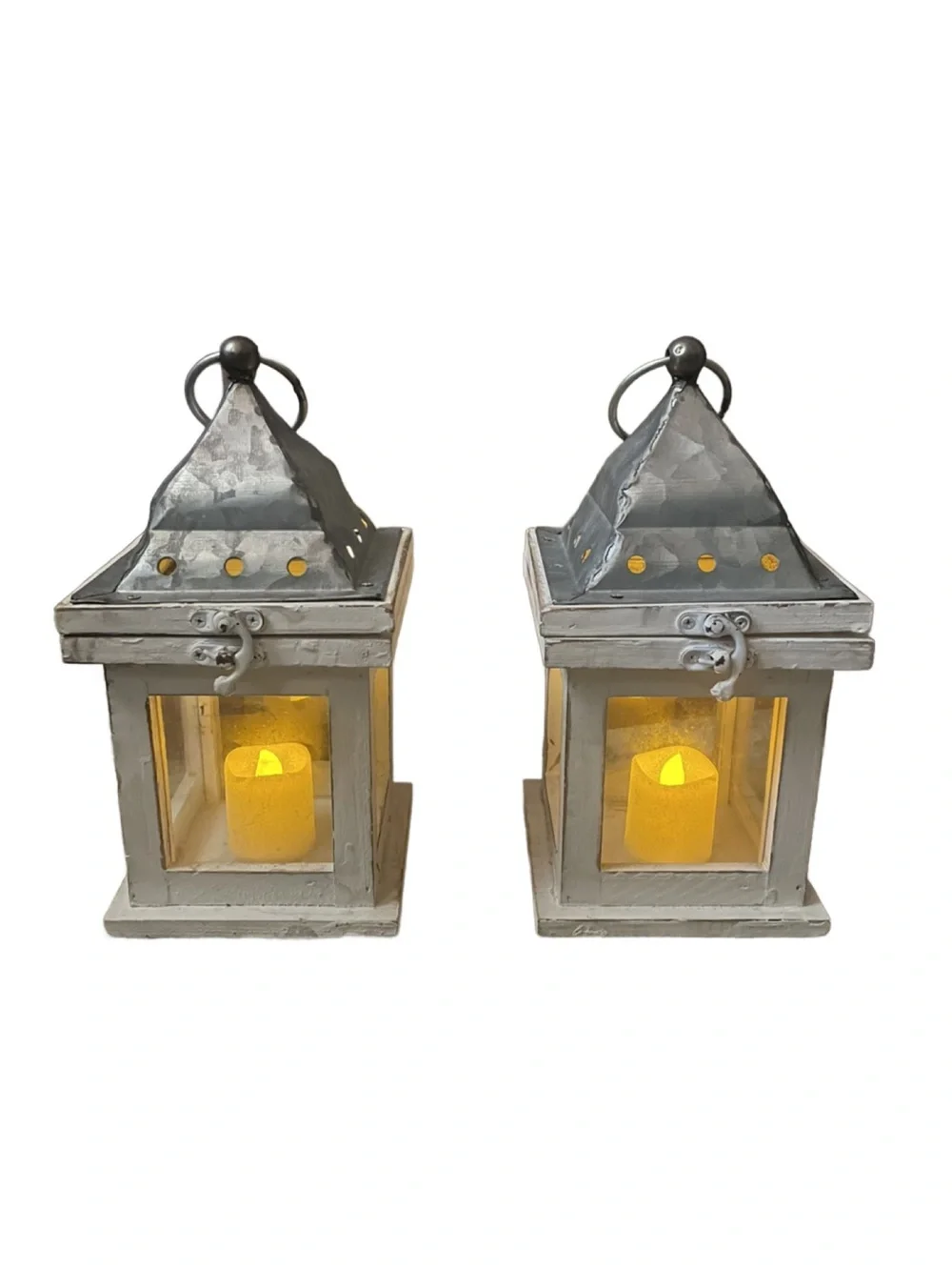 Rustic White Metal Lantern Pair with Glittery LED Candles